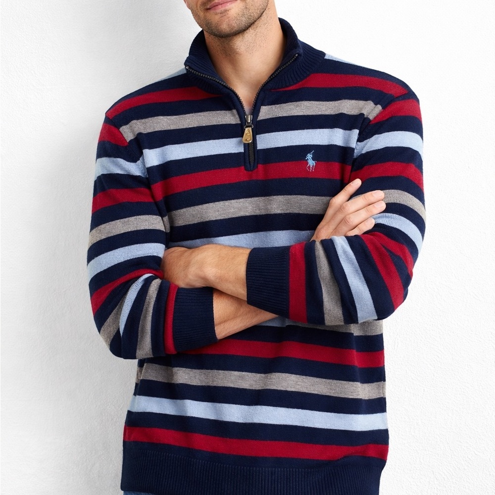 Polo Ralph Lauren Striped Quarter Zip Sweater in Navy, Red, Light Blue & Gray XL